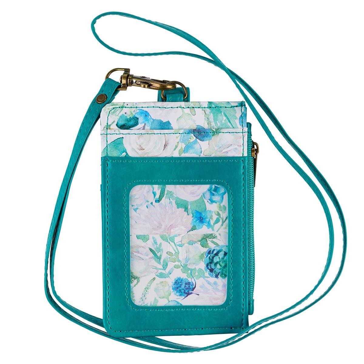 Christian Art Gifts - Wholesale Card Holder - Women's - ID Card Holder Teal/White Floral Printed Be Still & Know1
