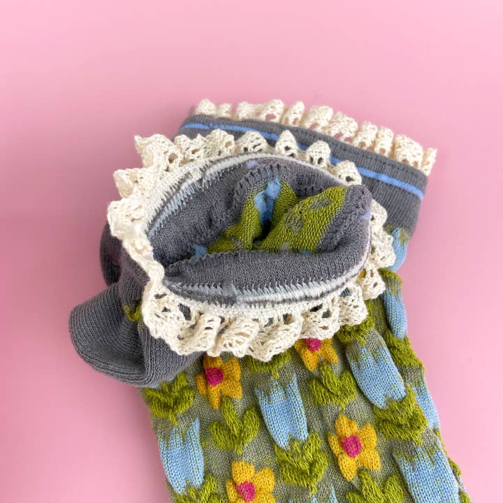 mildstyles - Venta al por mayor Calcetines - Mujer - Calcetines de encaje floral estilo corte retro gris y verde2