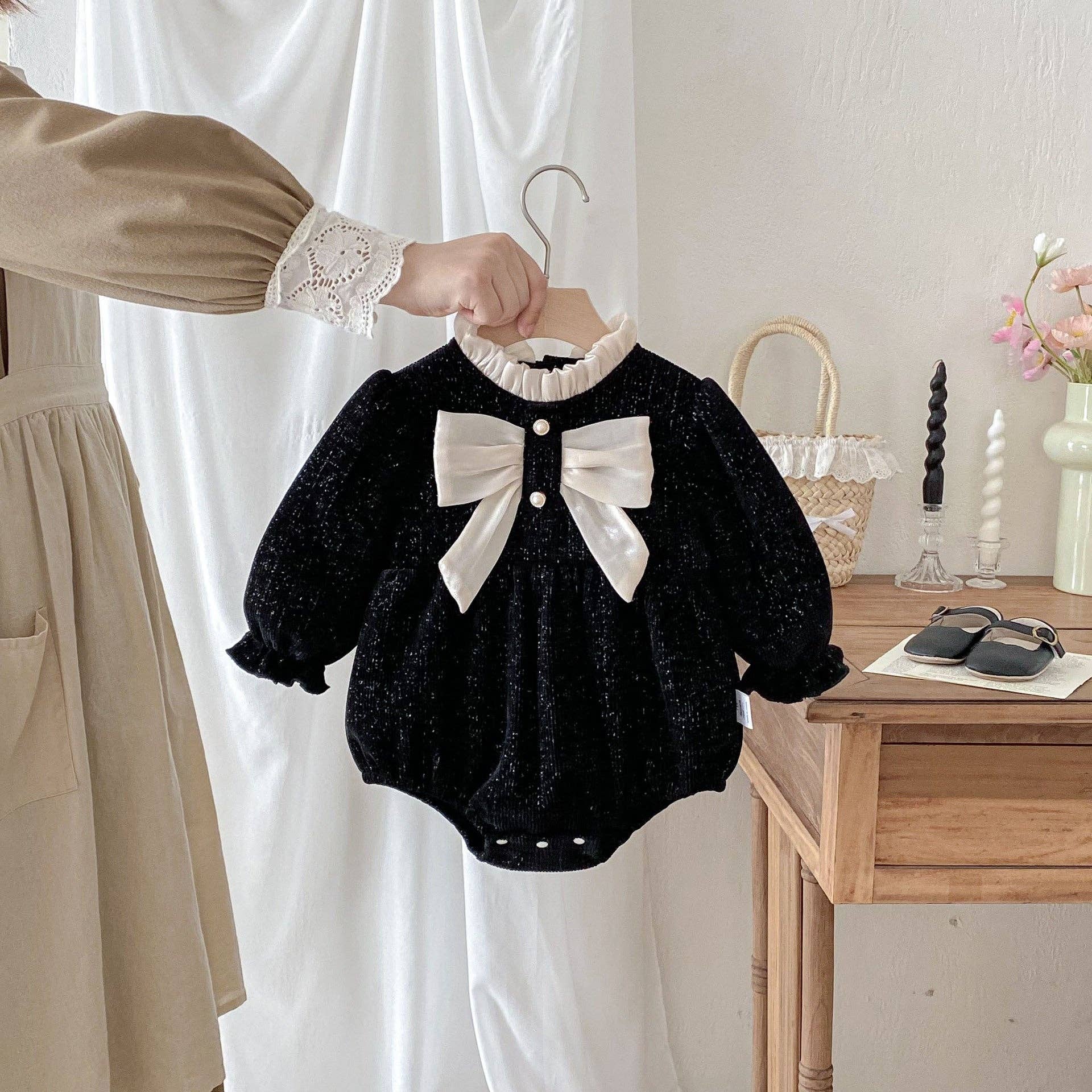 Black Autumn Arrival Baby Girls Long Sleeves Butterfly-bow Decorated Ruffle Neck bodysuit for wholesale on Faire