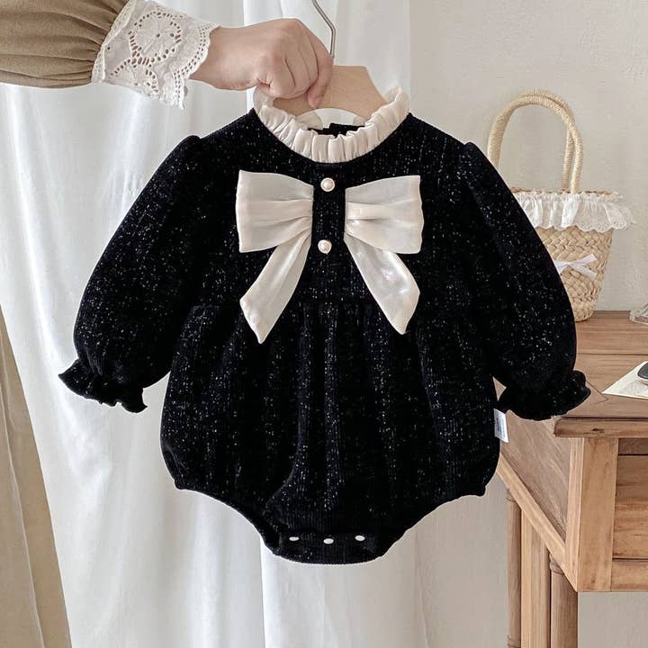 Black Autumn Arrival Baby Girls Long Sleeves Butterfly-bow Decorated Ruffle Neck bodysuit for wholesale on Faire0