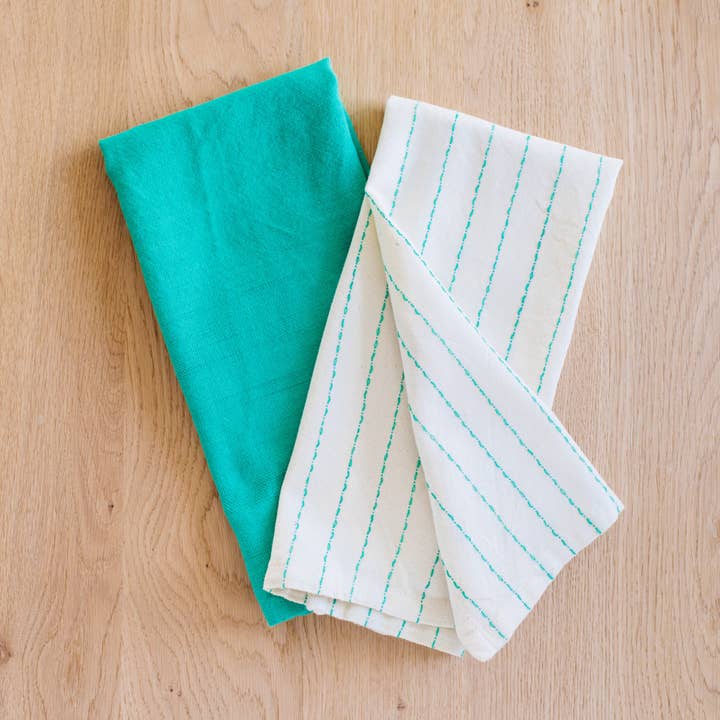Hand-Loomed Cotton Kitchen Towels, Set of 2: Jade Pinstripe for wholesale by Amsha
