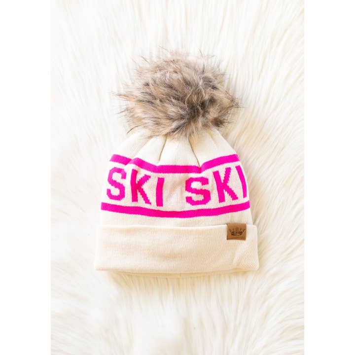 Panache Apparel Co. - Wholesale Beanie - Women's - Beige & Pink Ski Pom Hat3