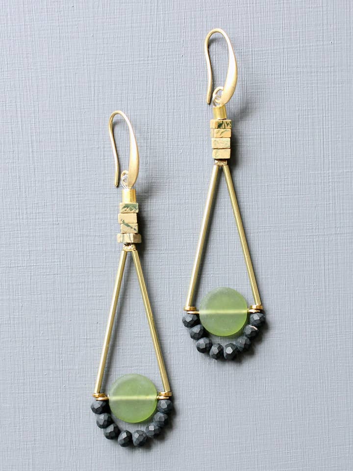 JLTE63 olivine glass geometric earrings for wholesale by David Aubrey Jewelry