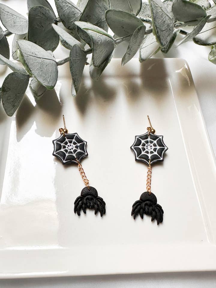 Black Spider Web Clay Dangle Statement Earrings #2 for wholesale by Design With Purpose