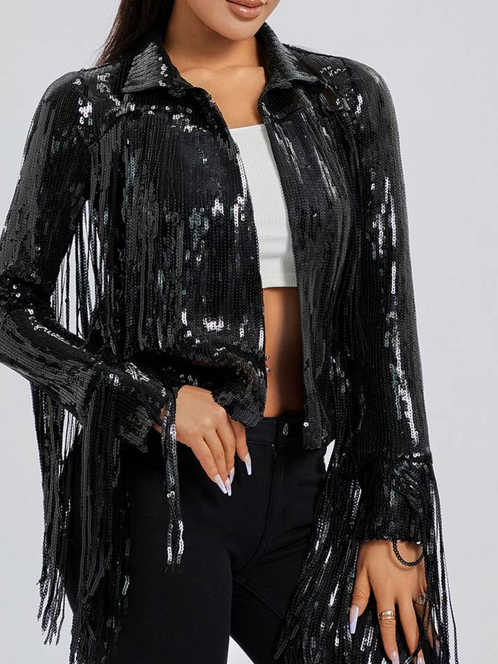 CWOCAL2282_SEQUIN TASSEL LONG SLEEVE PERFORMANCE JACKET for wholesale by NINEXIS