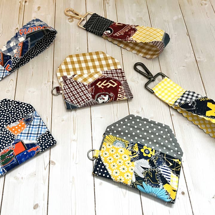 College patchwork wrist lanyard & wallet set; UM, MSU, OSU for wholesale by Plaid Spirit
