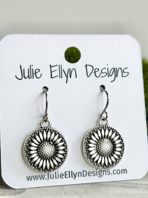 Julie Ellyn Designs - Wholesale Dangle Earrings - Silver Round Sunflower Earrings1