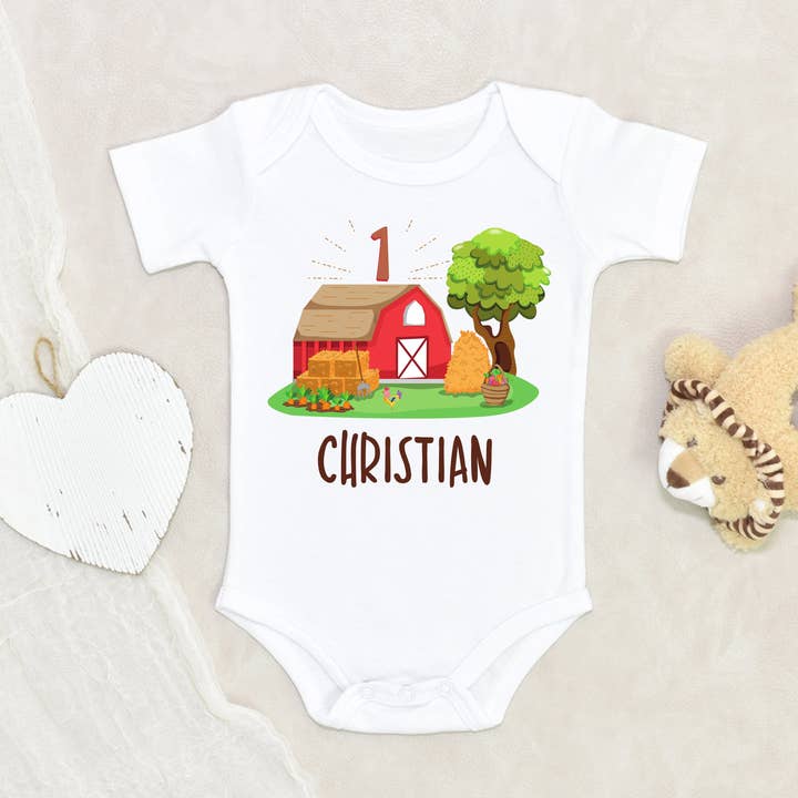 First Birthday Farm Onesie - Personalized One Barn Birthday Boy Onesie - 1st Farm Birthday Boy Clothes for wholesale by NewBabyWishes