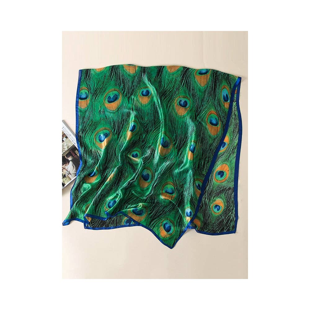 GRÖN Vintage påfågeltryckt sidenimitation sjal och halsduk för wholesale på Faire2