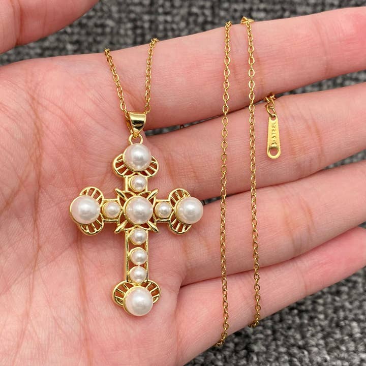 Mio Queena - Wholesale Pendant/Charm Necklace - Multi Style Rhinestone & CZ Cross Charm Golden Necklace