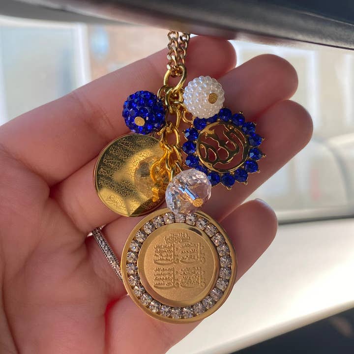 Gold Royal Blue Car Mirror Ayatul Kursi, Allah, 4Qul Charm, Protection, New Driver Gift for wholesale by Just For Bubba