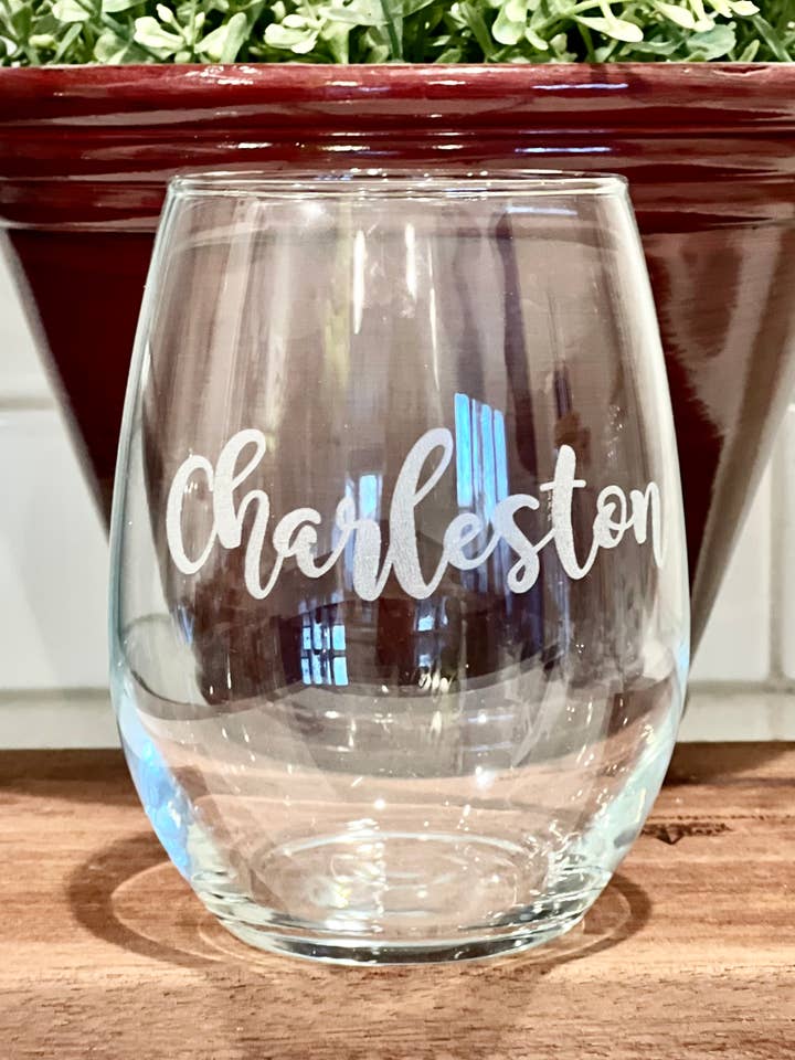 Custom City/Town Engraved Stemless Wine Glass - 21oz for wholesale by Salty Spouse Glassware