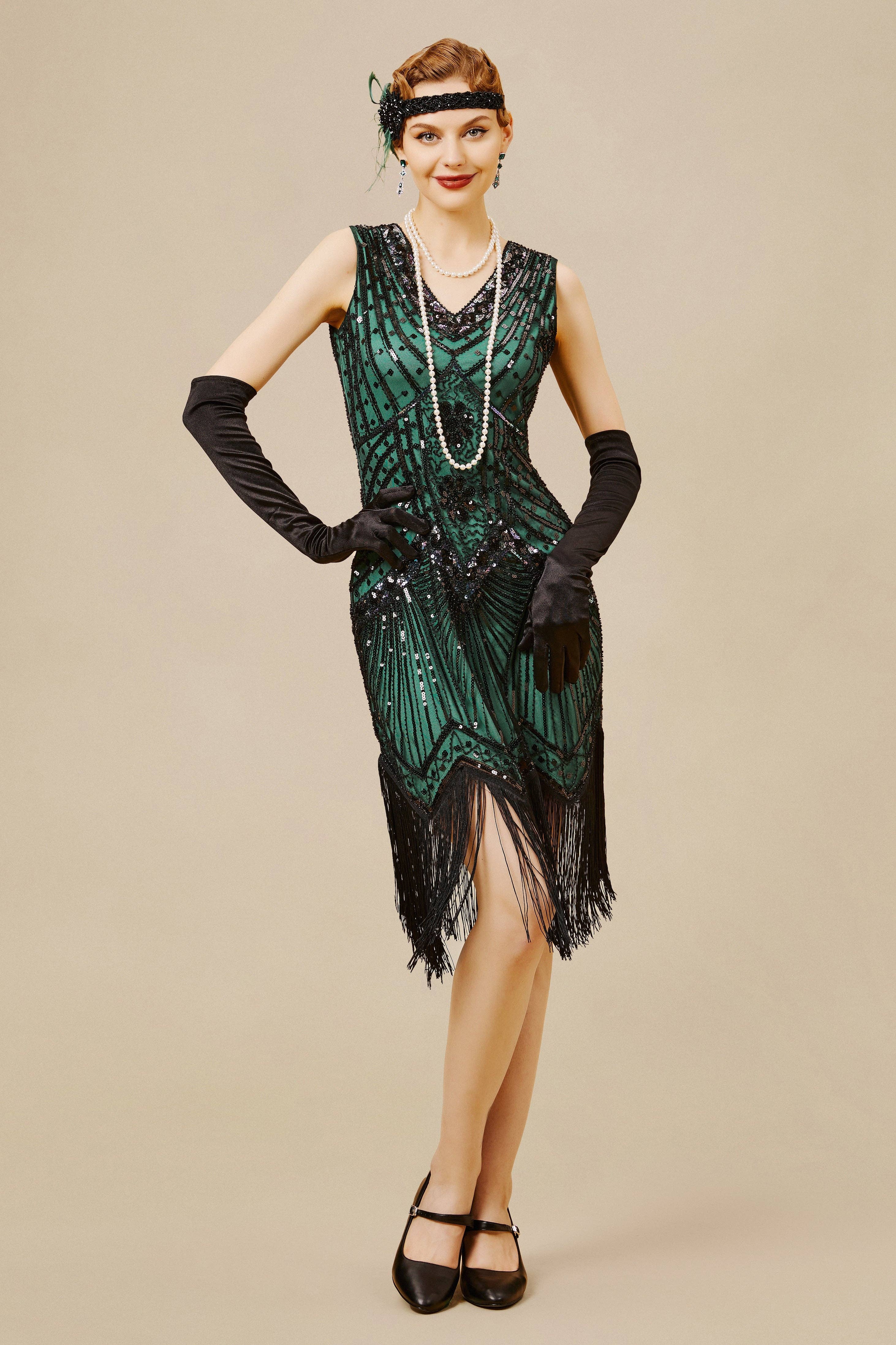 Dark Green Sleeveless V-Neck Cocktail Fringe Dress for wholesale on Faire