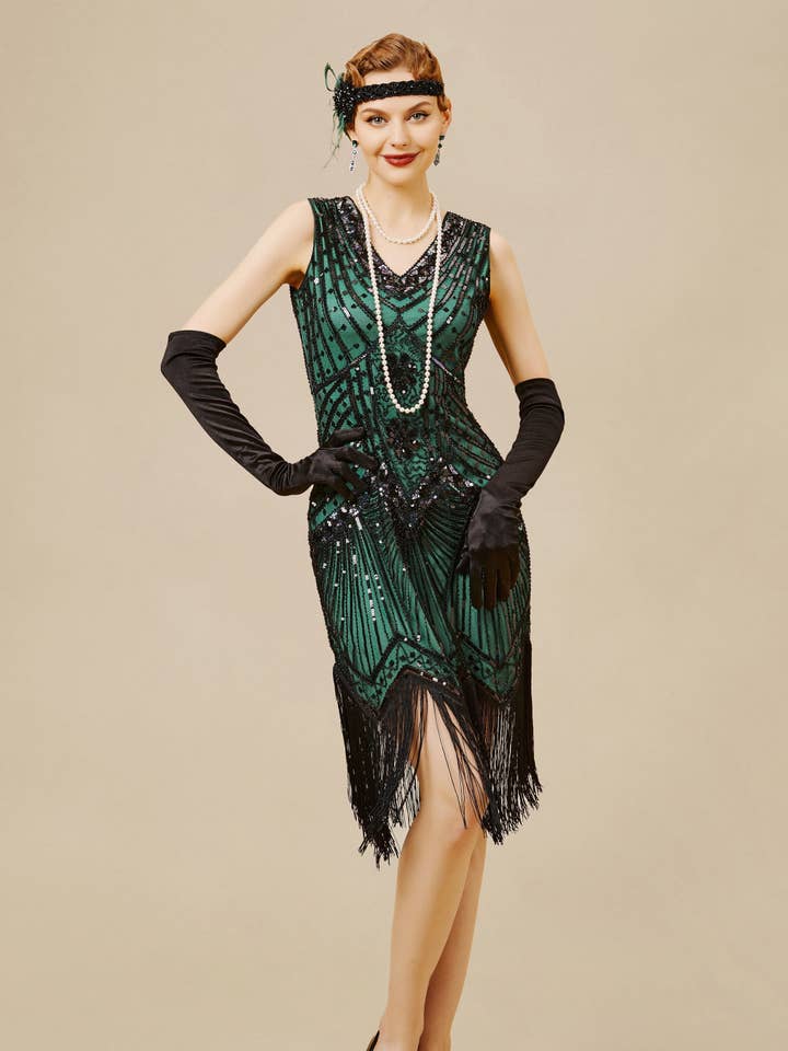 Dark Green Sleeveless V-Neck Cocktail Fringe Dress for wholesale on Faire0