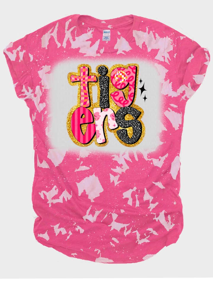 Retro Tigers (Faux glitter) Bleached Tee for wholesale by Ms Bleached Tees N More