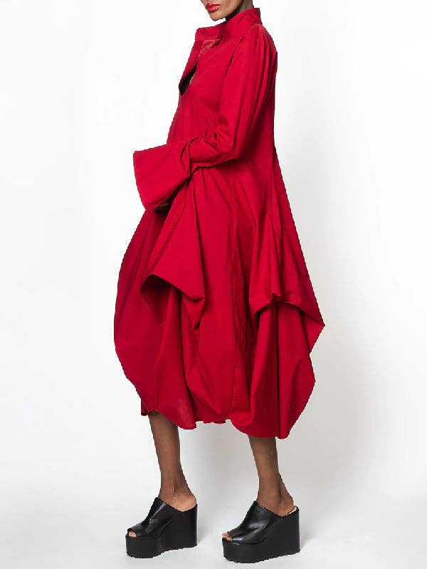 Red Stylish Loose Stand-Collar Long Sleeves Midi Dress for wholesale on Faire1