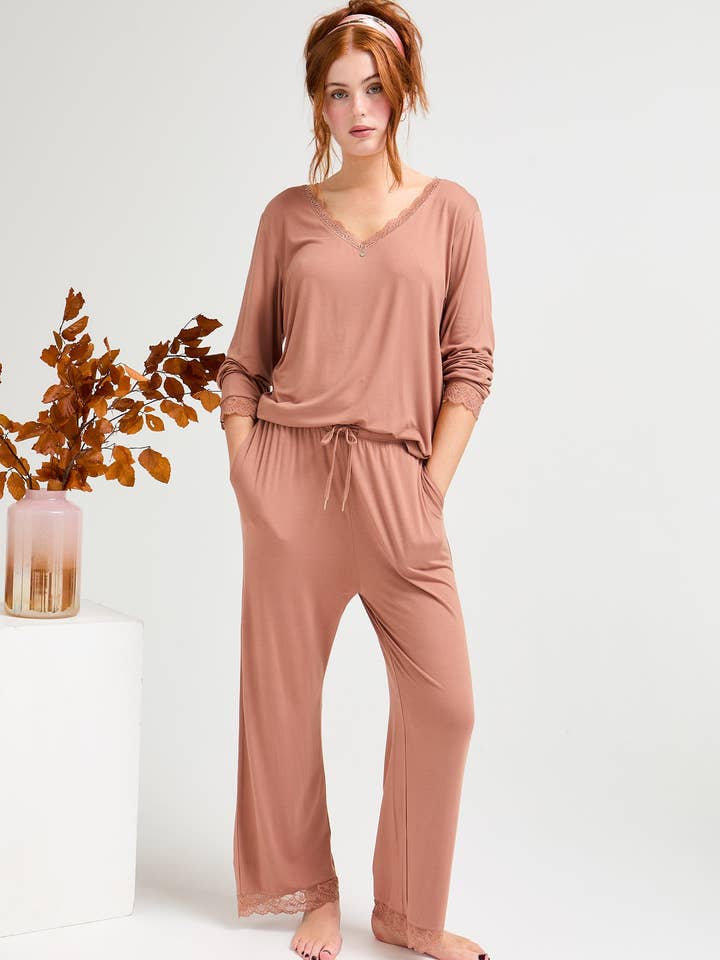 Bamboo Lace V-Neck Pajama Set in Mocha for wholesale by Pretty You London