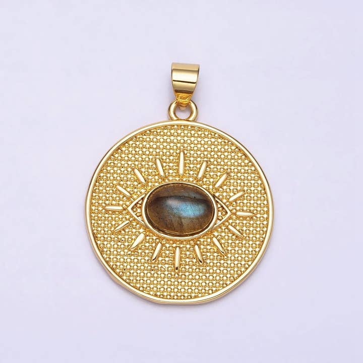24K Gold Filled Evil Eye Pendant Labradorite Eye Charm Cabochon Medallion Pendant AA284 for wholesale by Aim Eternal