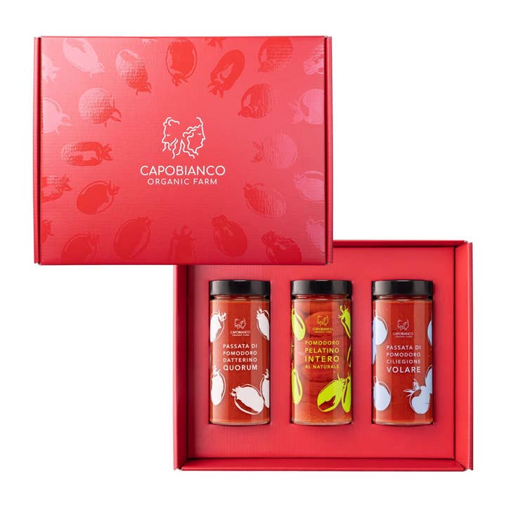 Capobianco, Vulcano Gift Box, Trio of Organic Tomato & Purees for wholesale by Ciao Imports