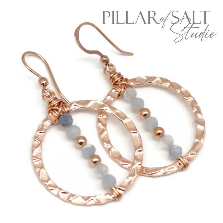 Hammered Copper Circle with Aquamarine Handmade Earrings for wholesale by Pillar of Salt Studio