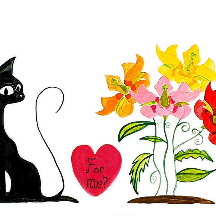 « Pour moi ? » Bouquet de chats et de fleurs pour la vente par Amabel Illustrations