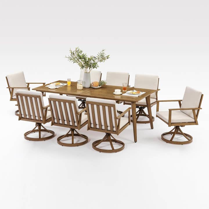 Teak Nine Piece Outdoor Patio Dining Set with Swivel Chairs for wholesale on Faire