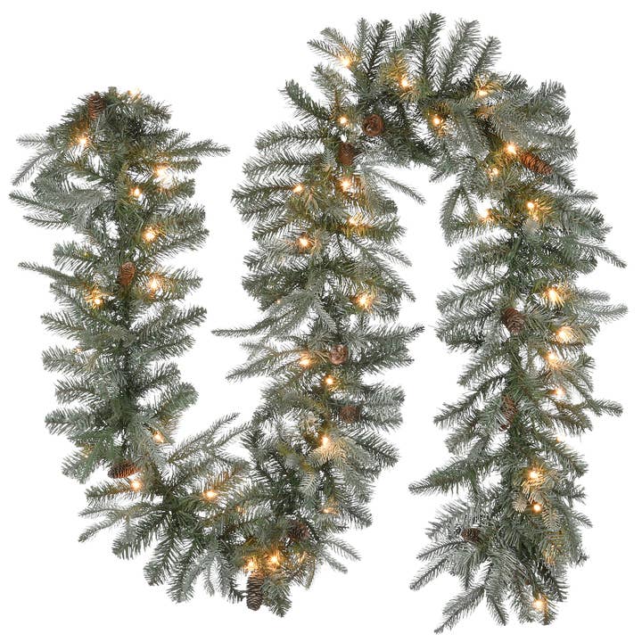 9 ft. Pre-Lit Frosted Arctic Spruce Garland with Clear Lights, Plug-In for wholesale by National Tree Company