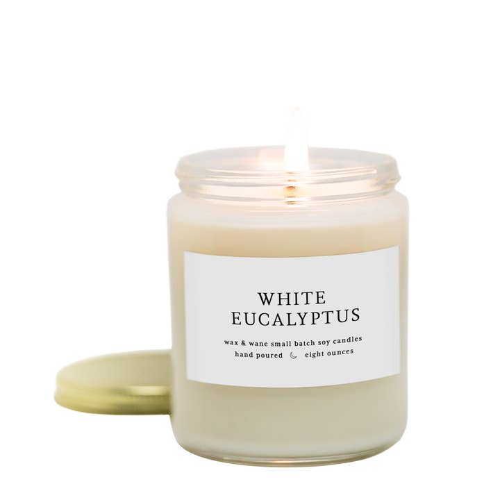 Bougie de soja moderne d'eucalyptus blanc pour la vente par Wax and Wane Candles