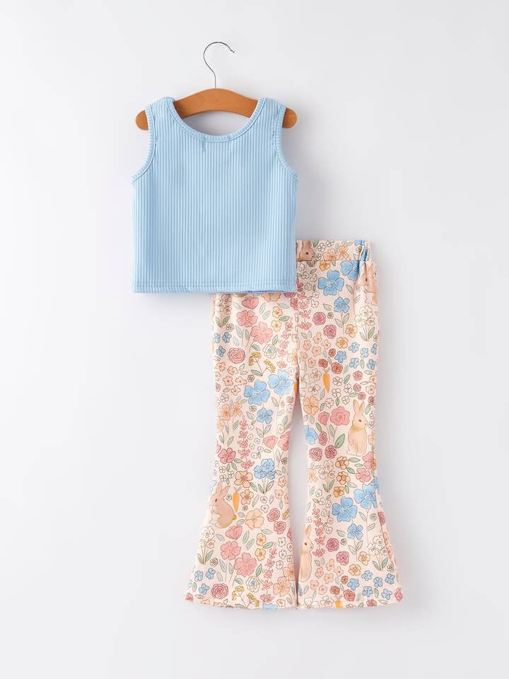 Rylee Faith Designs - Venta al por mayor Pantalones - Niños - Conjunto de Top con Estampado Floral de Conejito Azul y Pantalones Acampanados para Niñas de Pascua1