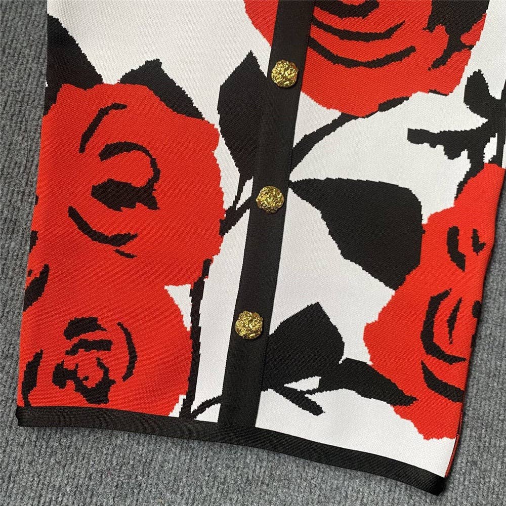 Rød DR0239 Chic Rose Jacquard halterkjole med guldknapper for engroshandel på Faire9