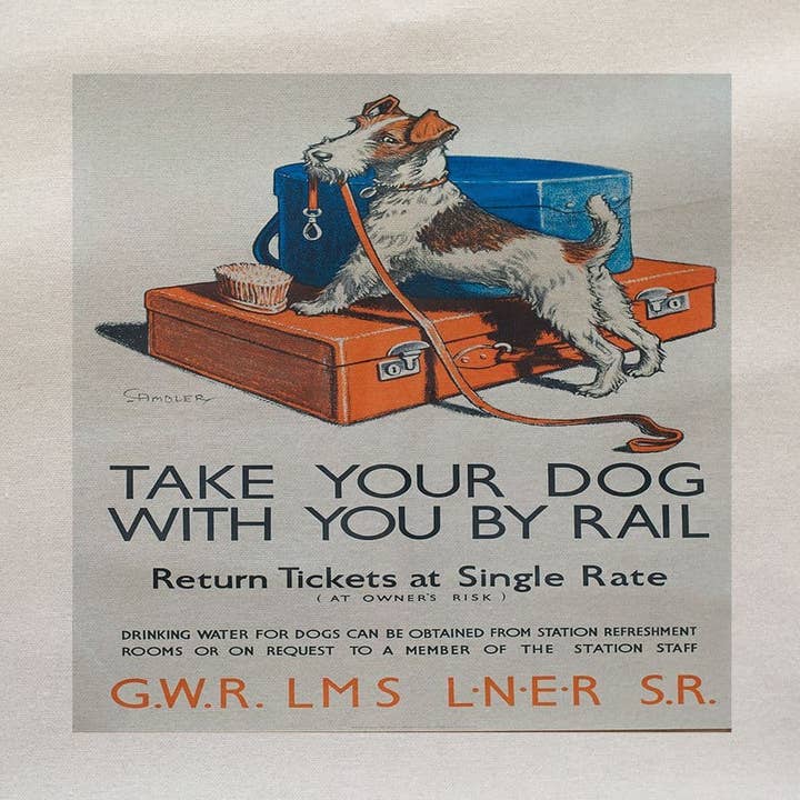 Take Your Dog with Rail Train Terrier Printed Fabric Panel for wholesale by Hills Of Fabric