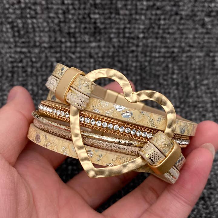 Mio Queena – Engroshandel Armbånd – Hjertecharm Rhinestone Læder Magnetisk Spænde Armbånd -LB3