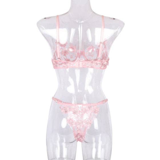 La Belle Fantastique – Engroshandel Lingeri - Dame – La Belle Fantastique 2-delt lyserødt blondeundertøjsæt med margueritbroderi6