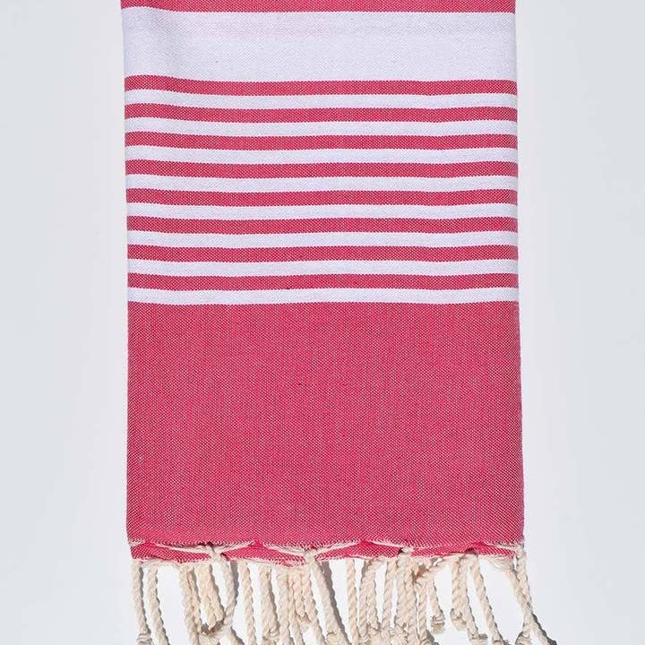 Fouta Tunisia – Engroshandel Strandhåndklæde – Fuchsia pink Arthur Fouta med hvide striber2