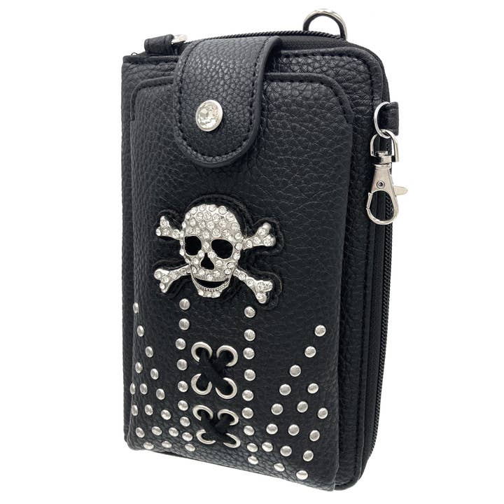 Black Skull Women's Crossbody Leather Phone Wallet for wholesale on Faire