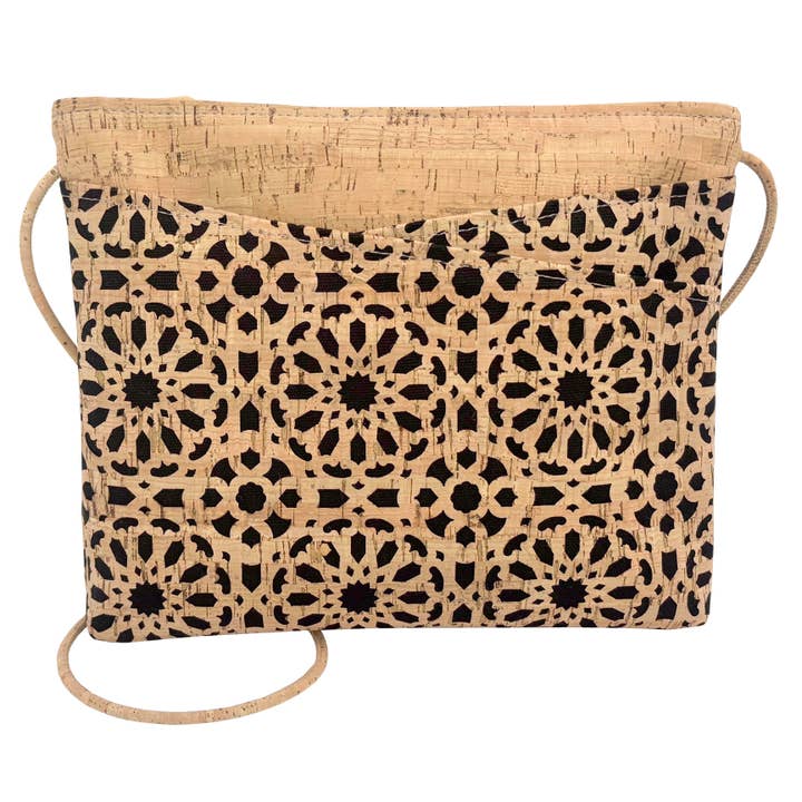 LARGE Cork Zip Top Cross Body | Black Mandala Die Cut Cork for wholesale by Natalie Therese