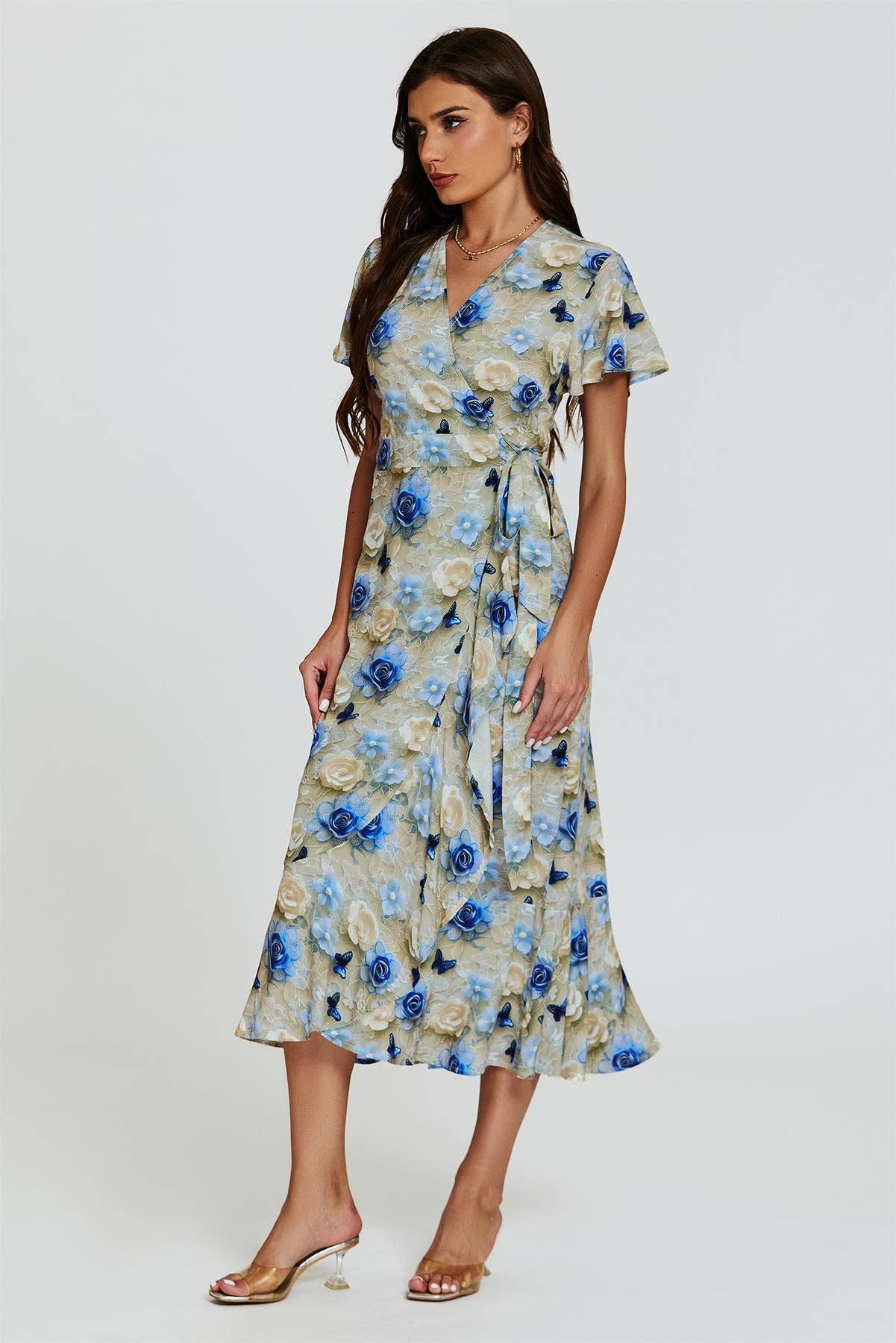 Floral Print Wrap Hem Midi Dress In Beige for wholesale on Faire5