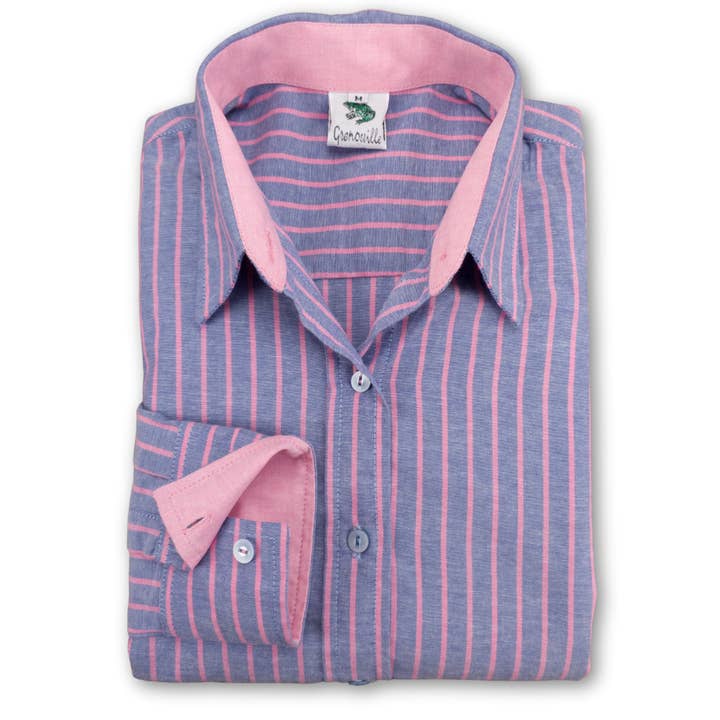 Grenouille Dame Bomuld Oxford Blå og Pink Stripe Shirt for engroshandel hos Salamander Shirts Ltd