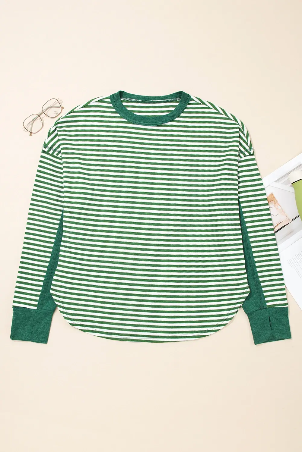 Green Stripe Exposed Seam Patchwork Plus Size Thermal Top for wholesale on Faire3