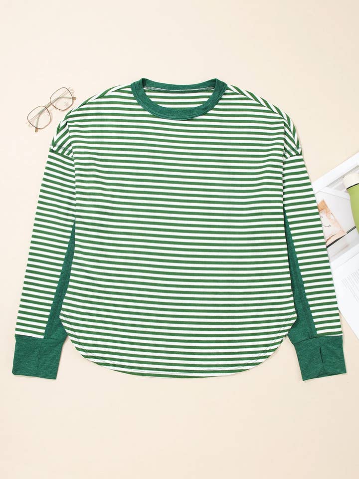 Green Stripe Exposed Seam Patchwork Plus Size Thermal Top for wholesale on Faire3