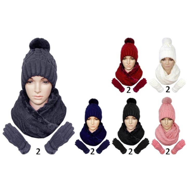 ASSORTED Pom Pom Knitted Beanie Scarf Glove 3 Set CP3112 (12PC) for wholesale on Faire1