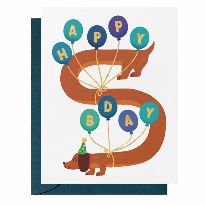 Birthday Balloons Dachschund Greeting Card for wholesale by Happy Little Paper Co