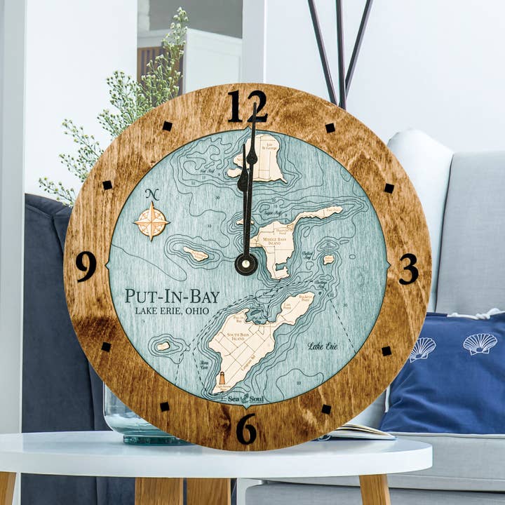 Reloj de pared de madera con carta náutica 3D de Put-In-Bay, Ohio, 2 niveles para venta al por mayor de Sea & Soul Nautical Chart Art