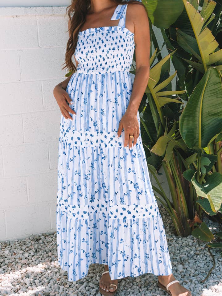 Fashion-W Floral Smocked Tied Straps A-Lined Tier Maxi Dress for wholesale by fashionworks