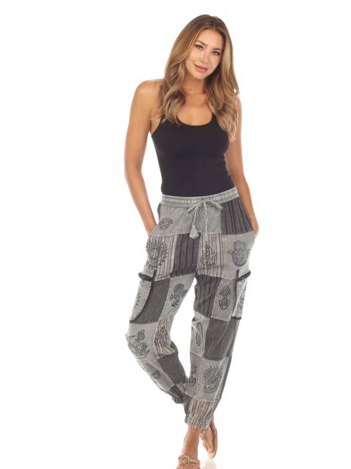 Cotton Zip Pocket Block Print Earth Tone Yoga Pant D898 for wholesale by Rising International Inc