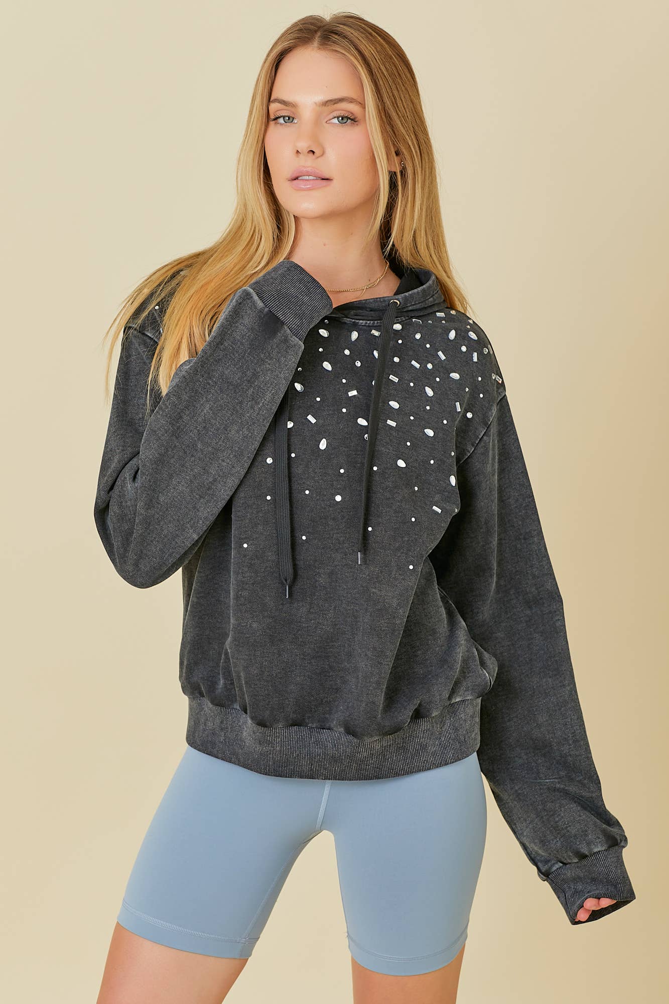 BLACK Washed Hoodie With All Over Rhinestone Detail for wholesale on Faire10