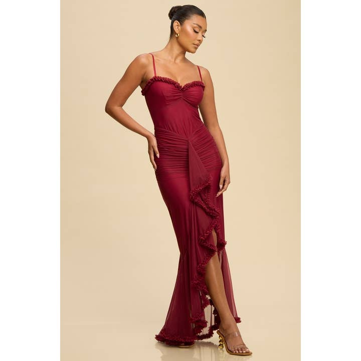 SHIRRED MESH RUFFLE MAXI DRESS for wholesale by Luxxel