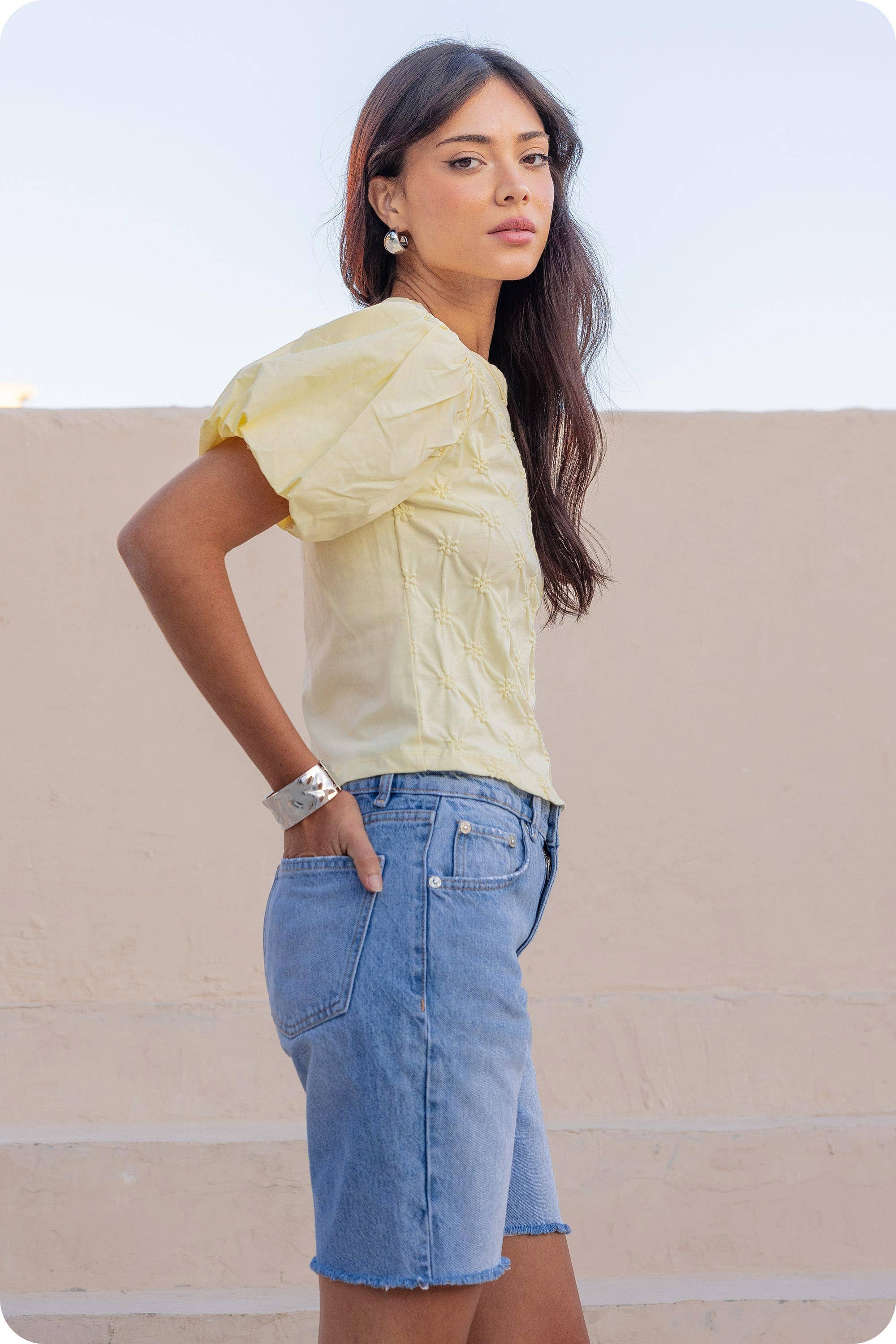 Strut & Bolt - Wholesale Blouse - Women's - Flower Embossed Puff Sleeve Tee Top1