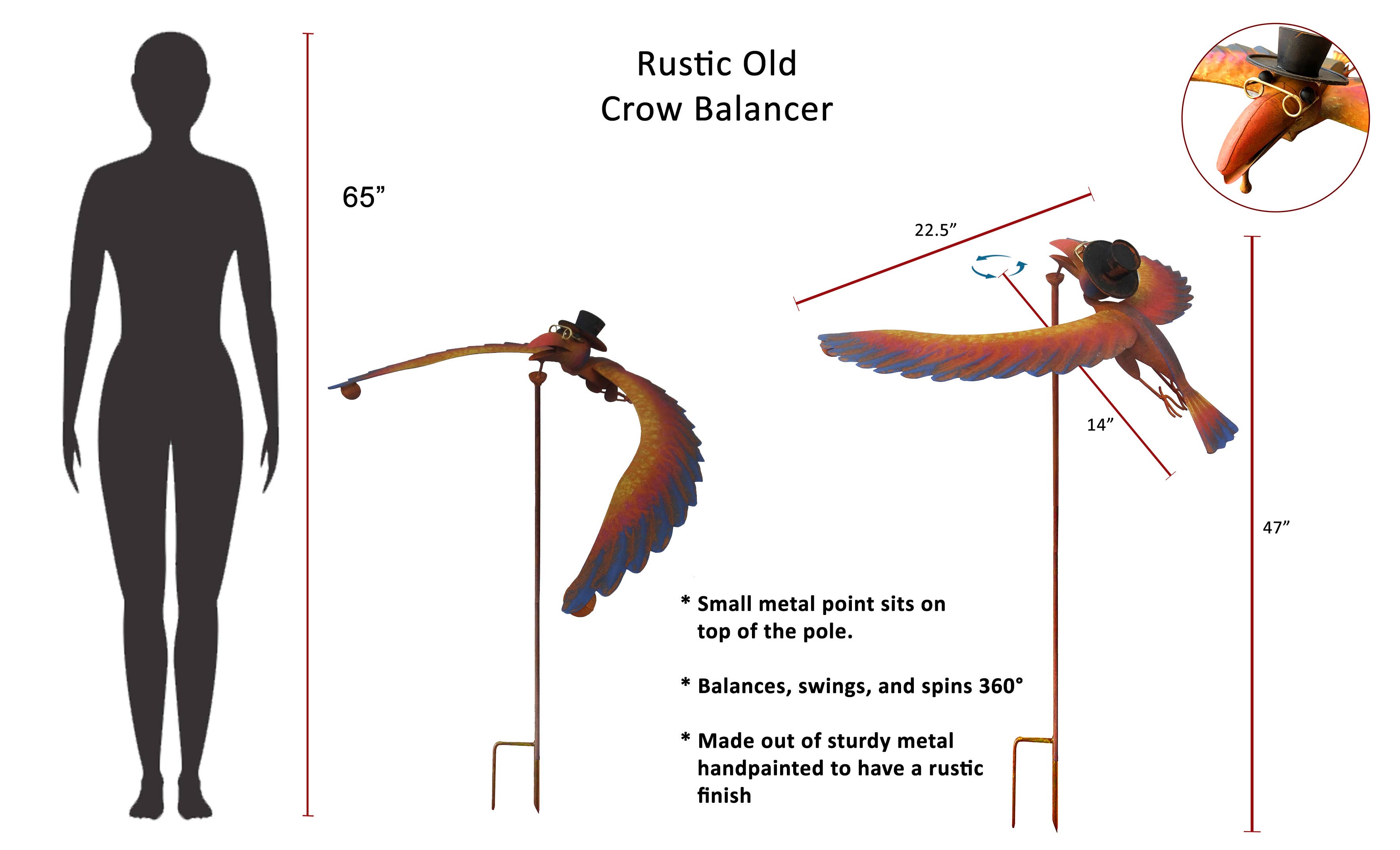 Continental Art Center - Wholesale Garden/Lawn Stake - Rustic Old Crow Metal Kinetic Balancer Garden Stake5