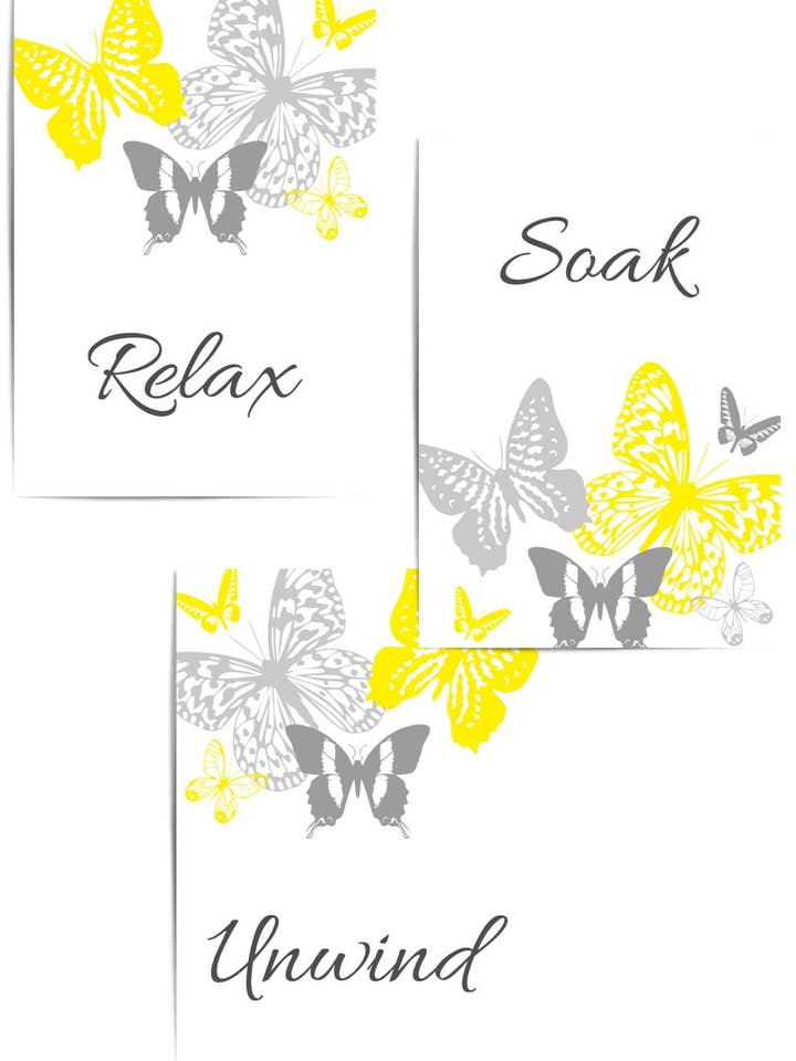Yellow and Grey Bathroom Butterfly Prints Set of 3 | Relax Soak Unwind for wholesale by THE WALL HABITAT